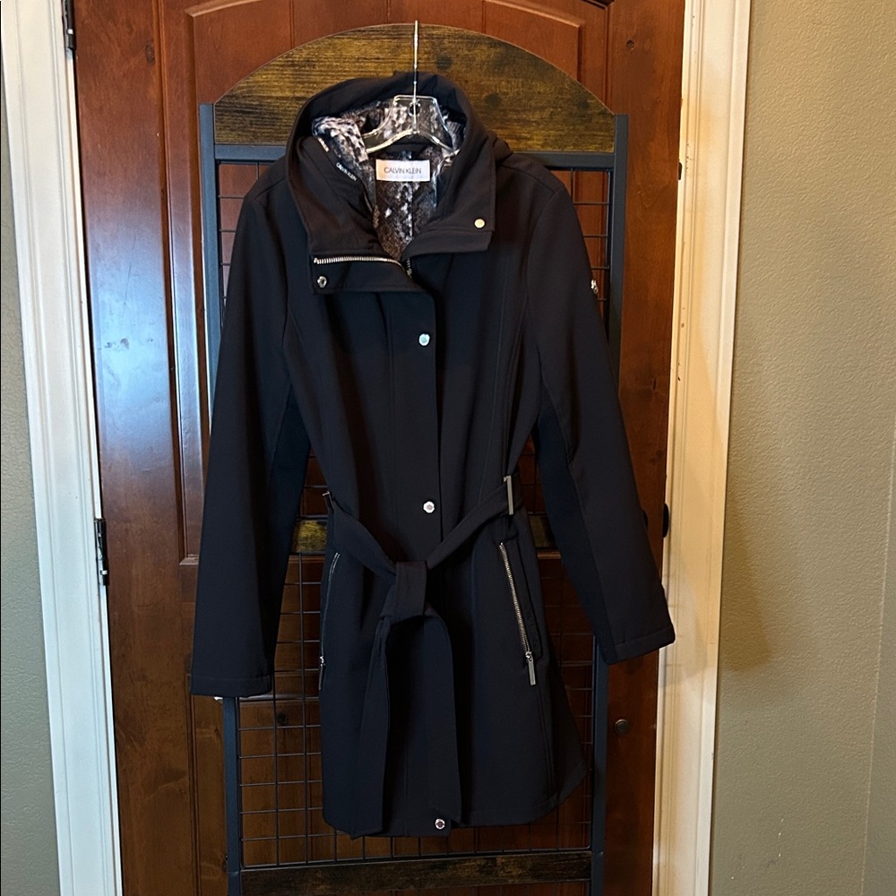 Calvin Klein Black Zip/Belt Lined Trench Coat With Attached Hood Size XL sku#117